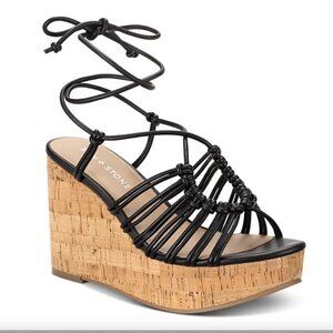 NEW Sun Stone Womens Tillyy Lace-Up Wedge Black Cork Sandals 10M
